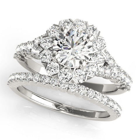 White gold Round Halo Diamond Engagement Ring with Pave Band and Four-Prong Setting