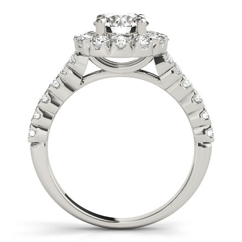 White gold Round Halo Diamond Engagement Ring with Pave Band and Four-Prong Setting