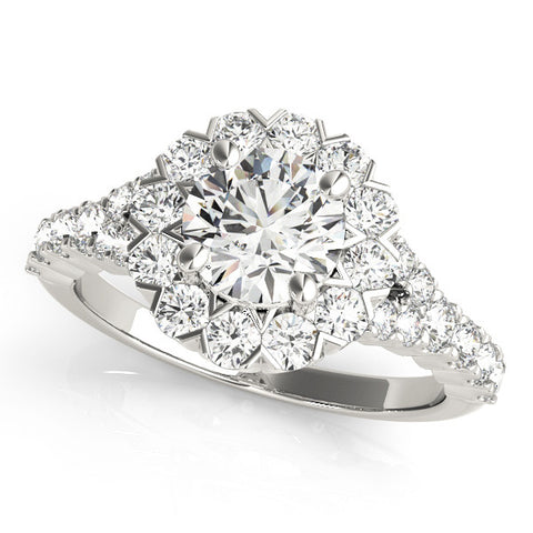 White gold Round Halo Diamond Engagement Ring with Pave Band and Four-Prong Setting