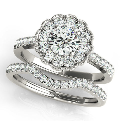 White gold Round Cut Halo Diamond Engagement Ring with Pavé Band and Four-Prong Setting