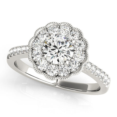 White gold Round Cut Halo Diamond Engagement Ring with Pavé Band and Four-Prong Setting