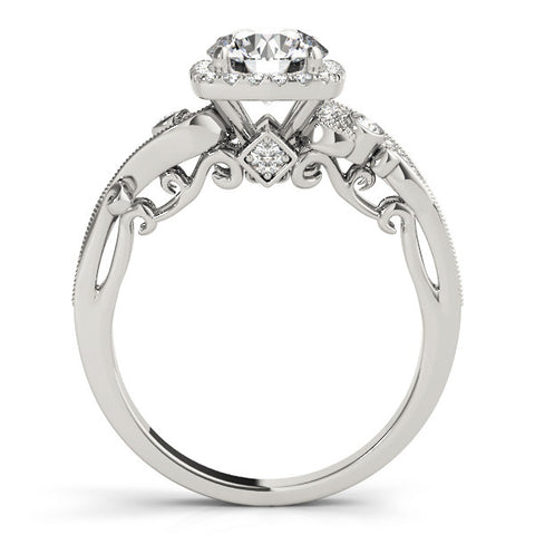 White gold Round Halo Diamond Ring with Twisted Band and Four-Prong Setting