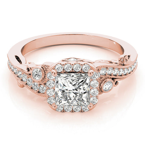Rose gold Princess Cut Halo Diamond Ring with Milgrain Pave Band and Four-Prong Setting