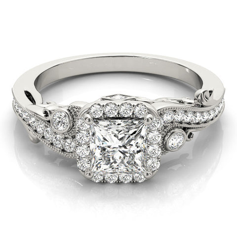 White gold Princess Cut Halo Diamond Ring with Milgrain Pave Band and Four-Prong Setting