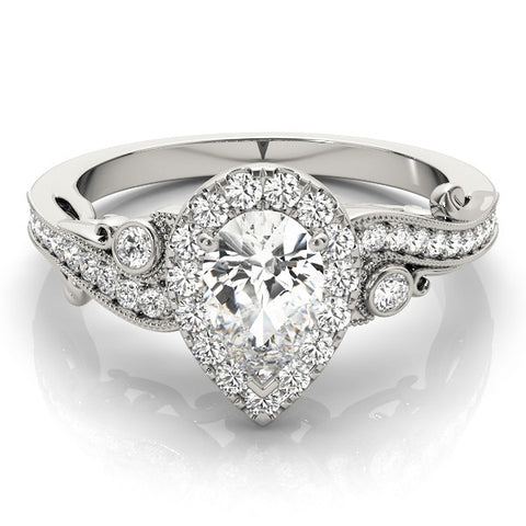 White gold Halo Pear-Cut Diamond Milgrain Swirl Band with Prong Setting