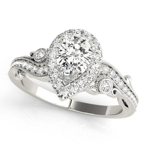 White gold Halo Pear-Cut Diamond Milgrain Swirl Band with Prong Setting