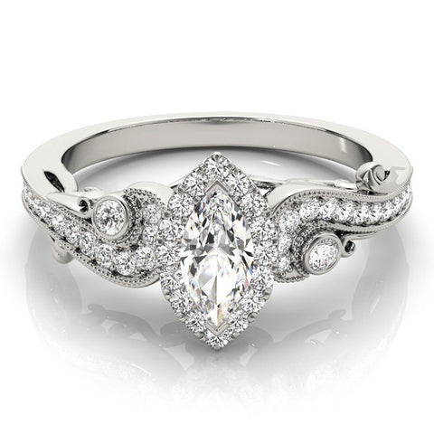 White gold Marquise Halo Vintage Diamond Ring with Pavé Band and Milgrain Prong Setting