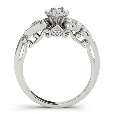 White gold Marquise Halo Vintage Diamond Ring with Pavé Band and Milgrain Prong Setting