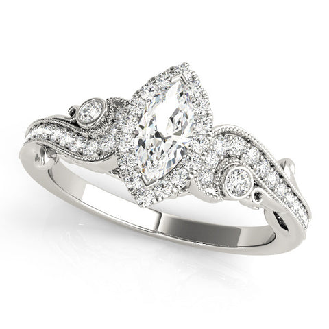 White gold Marquise Halo Vintage Diamond Ring with Pavé Band and Milgrain Prong Setting