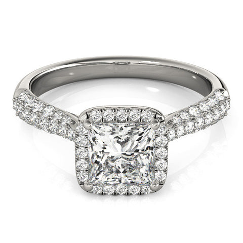 Platinum Princess Cut Halo Pave Band Four-Prong Setting Ring