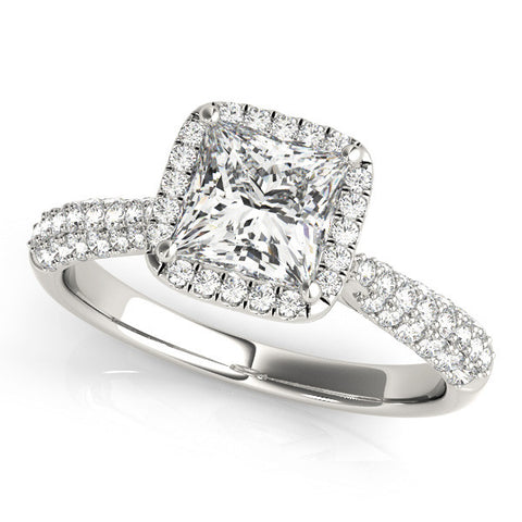 Platinum Princess Cut Halo Pave Band Four-Prong Setting Ring