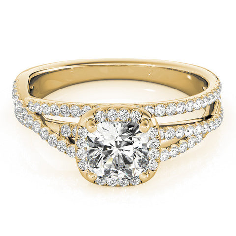 Yellow gold Cushion Cut Halo Split Shank Diamond Ring with Four-Prong Setting