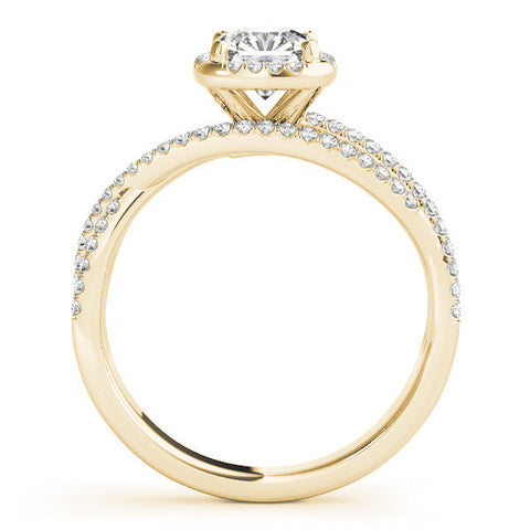 Yellow gold Cushion Cut Halo Split Shank Diamond Ring with Four-Prong Setting