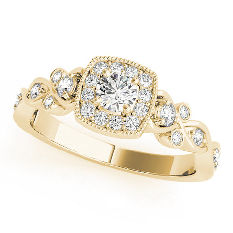 Yellow gold Cushion Halo Round Diamond Twisted Band Four-Prong Ring