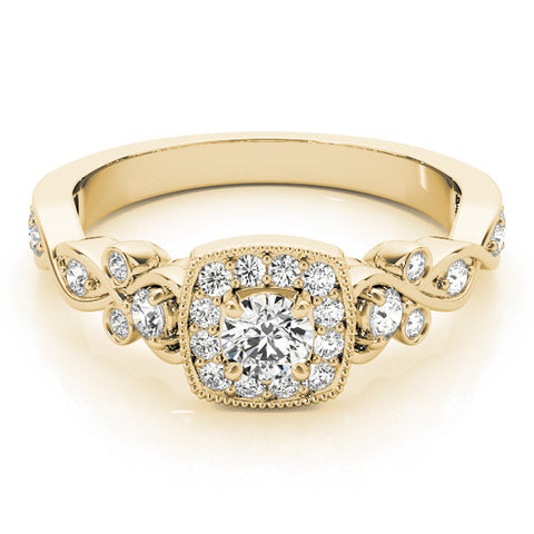 Yellow gold Cushion Halo Round Diamond Twisted Band Four-Prong Ring