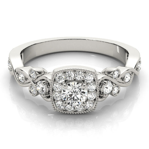 White gold Cushion Halo Round Diamond Twisted Band Four-Prong Ring