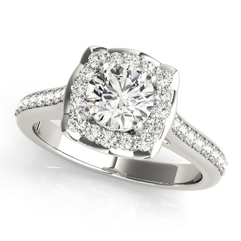 White gold Cushion Halo Round Diamond Pave Band with Four-Prong Setting