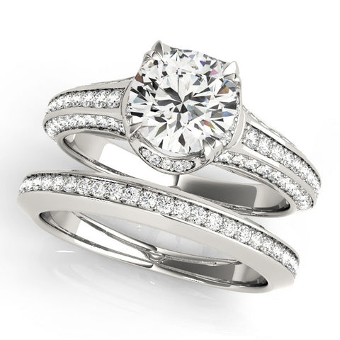 White gold Round Solitaire Pave Split Shank Ring with Four-Prong Setting