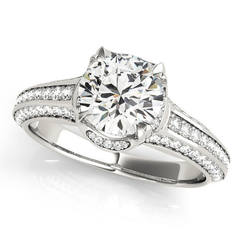 White gold Round Solitaire Pave Split Shank Ring with Four-Prong Setting