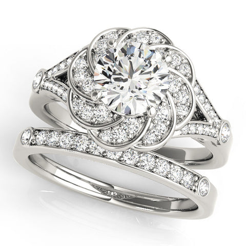 White gold Round Brilliant Halo Floral Diamond Engagement Ring with Pave Band and Prong Setting