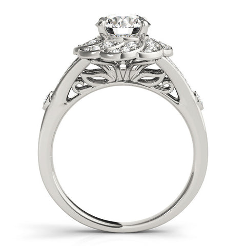 White gold Round Brilliant Halo Floral Diamond Engagement Ring with Pave Band and Prong Setting