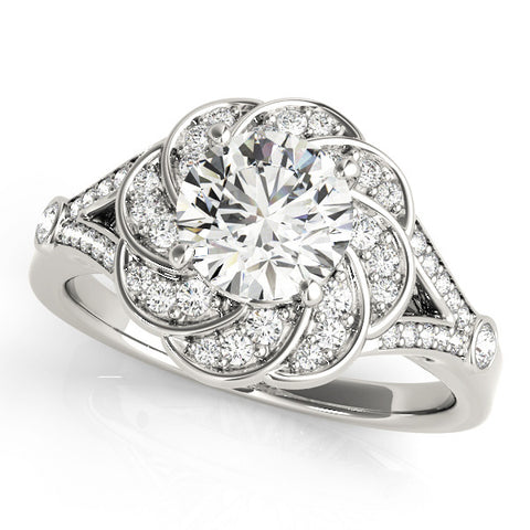 White gold Round Brilliant Halo Floral Diamond Engagement Ring with Pave Band and Prong Setting