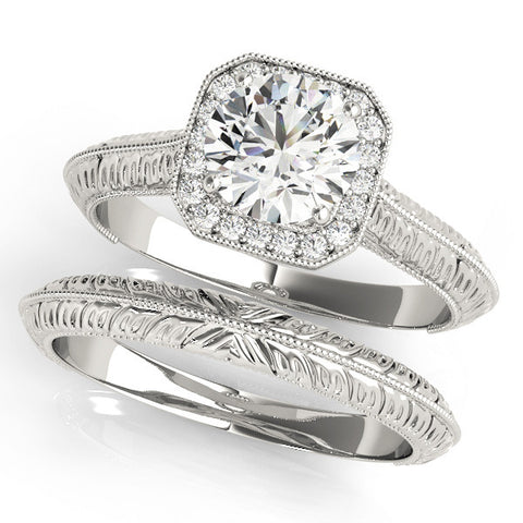 White gold Cushion Halo Round Solitaire Milgrain Engagement Ring