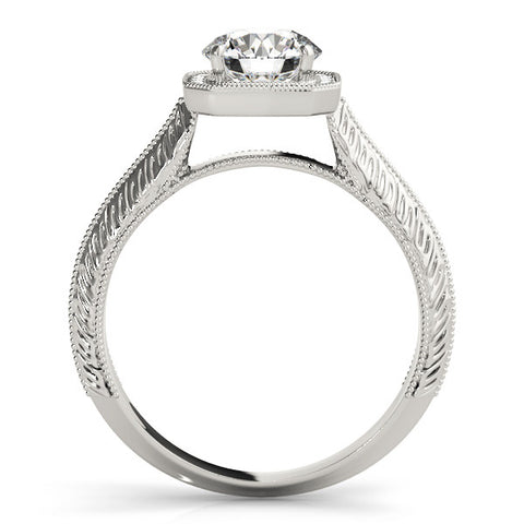 White gold Cushion Halo Round Solitaire Milgrain Engagement Ring