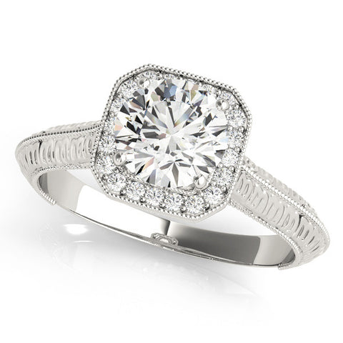 White gold Cushion Halo Round Solitaire Milgrain Engagement Ring