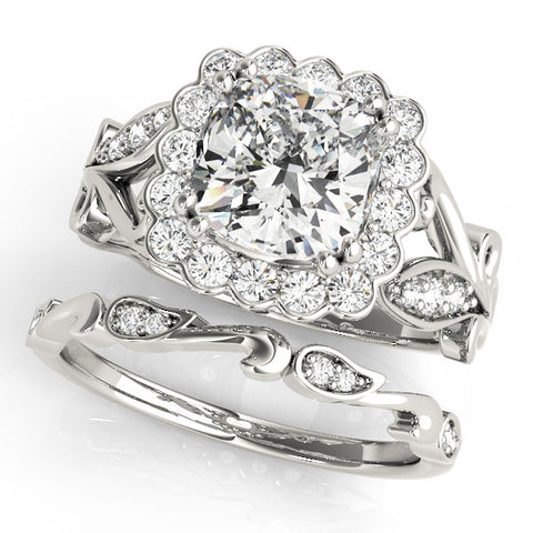 White gold Cushion Halo Diamond Ring with Vintage Split Shank and Four-Prong Setting