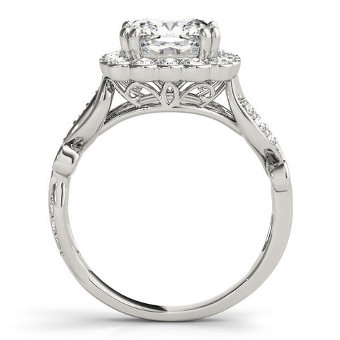 White gold Cushion Halo Diamond Ring with Vintage Split Shank and Four-Prong Setting