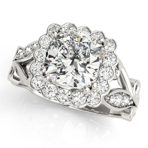 White gold Cushion Halo Diamond Ring with Vintage Split Shank and Four-Prong Setting