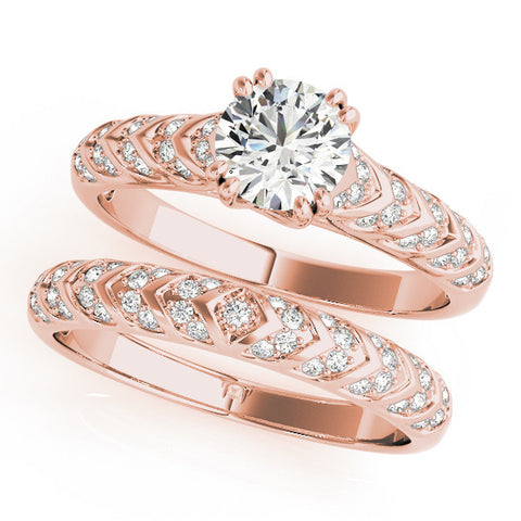 Rose gold Round Solitaire Chevron Pave Diamond Engagement Ring with Six-Prong Setting