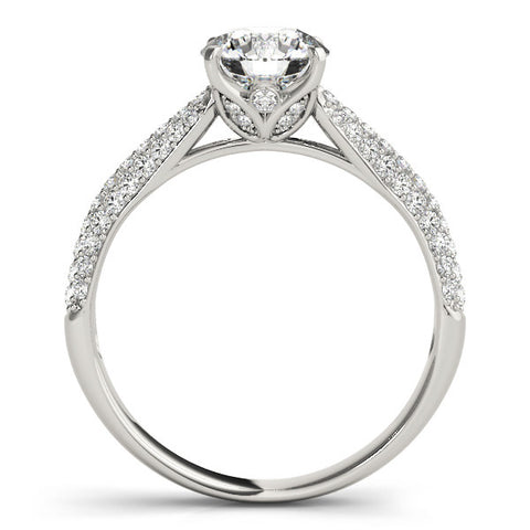 White gold Round Cut Diamond Pavé Band Solitaire Ring with Four-Prong Setting