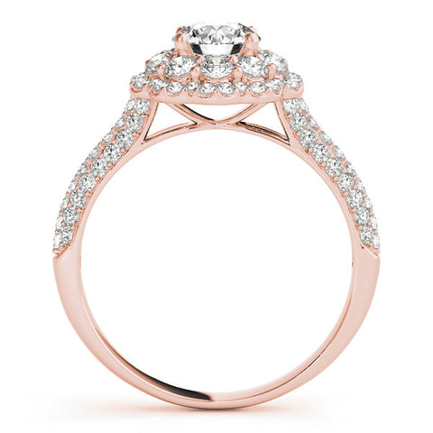 Rose gold Round Halo Diamond Ring with Pave Band and Four-Prong Setting