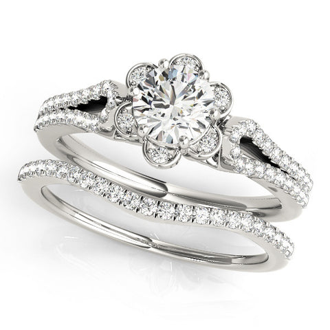 White gold Round Halo Diamond Floral Split Shank Engagement Ring