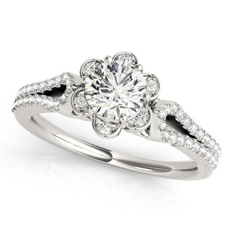 White gold Round Halo Diamond Floral Split Shank Engagement Ring