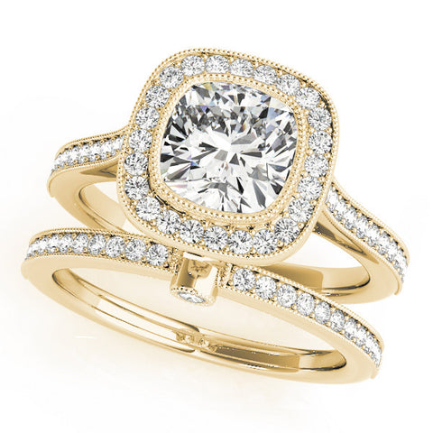 Yellow gold Cushion Halo Diamond Engagement Ring with Pavé Band and Four-Prong Setting