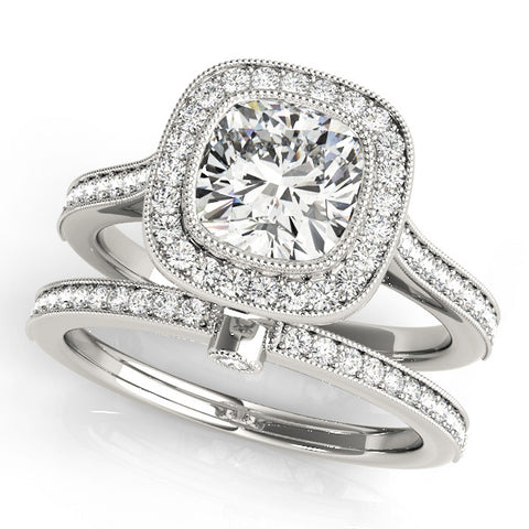 White gold Cushion Halo Diamond Engagement Ring with Pavé Band and Four-Prong Setting