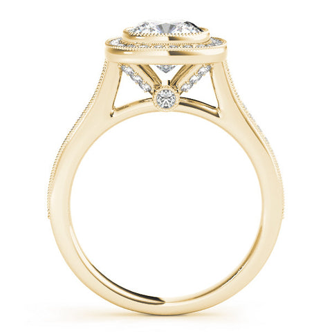 Yellow gold Cushion Halo Diamond Engagement Ring with Pavé Band and Four-Prong Setting