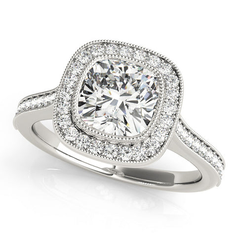 White gold Cushion Halo Diamond Engagement Ring with Pavé Band and Four-Prong Setting