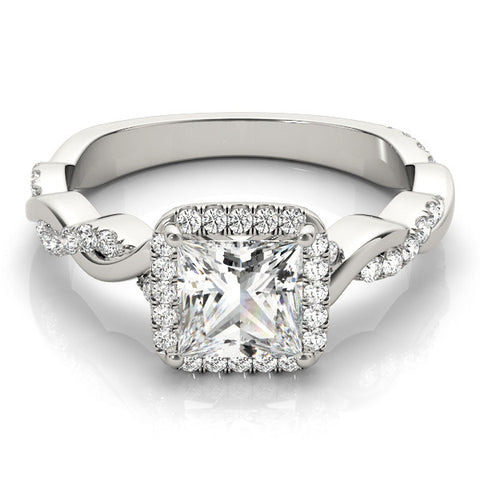 White gold Princess Halo Twist Band Solitaire Ring