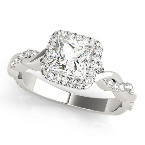 White gold Princess Halo Twist Band Solitaire Ring