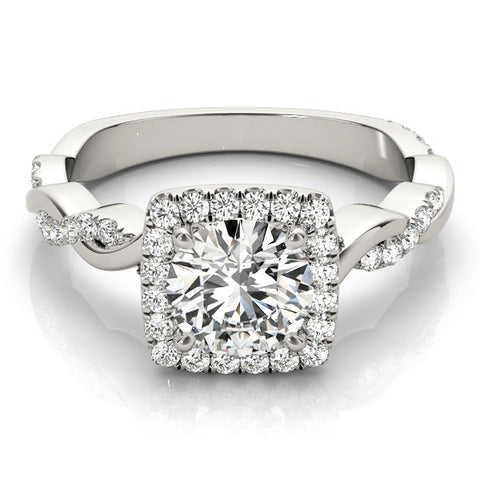 White gold Cushion Halo Round Diamond Twisted Band with Four-Prong Setting
