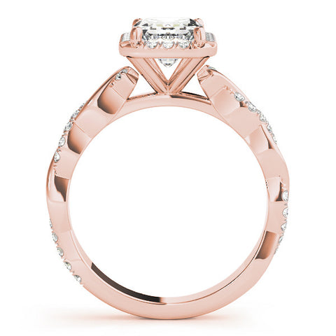 Rose gold Emerald Cut Halo Twisted Band Four-Prong Ring