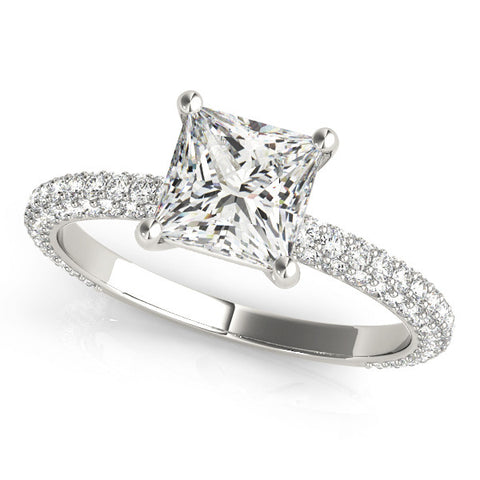 White gold Princess Cut Pavé Diamond Ring with Four-Prong Setting