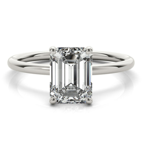 White gold Emerald Cut Solitaire Engagement Ring with Four-Prong Setting and Classic Band