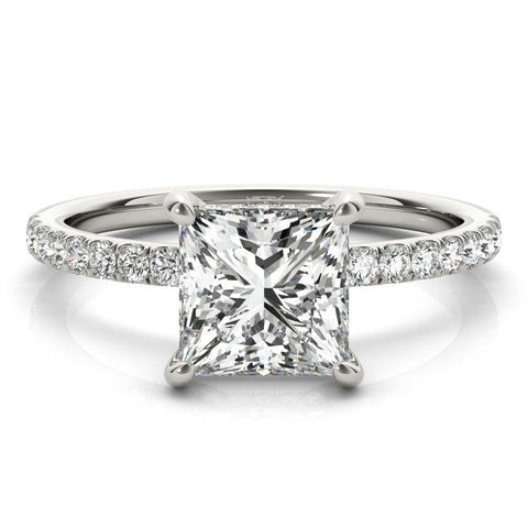White gold Princess Cut Diamond Pavé Band Solitaire Ring with Four-Prong Setting
