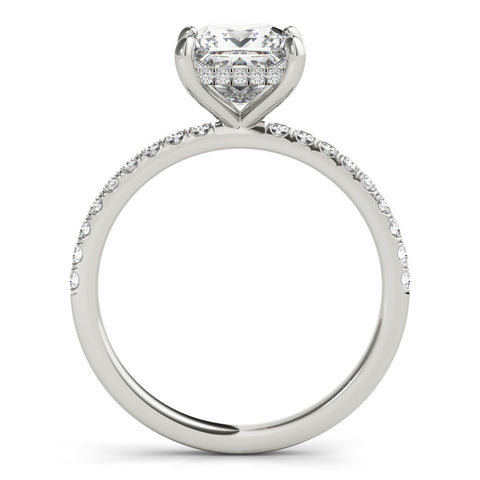 White gold Princess Cut Diamond Pavé Band Solitaire Ring with Four-Prong Setting