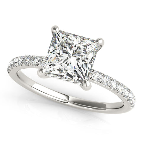 White gold Princess Cut Diamond Pavé Band Solitaire Ring with Four-Prong Setting